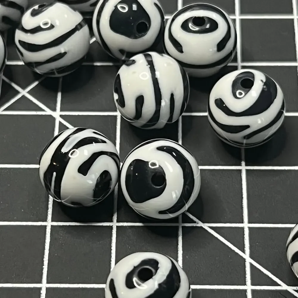 Lot of 12 Black & White Zebra Stripe Round Beads | Jewelry Making Supplies
